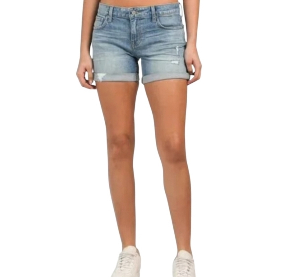 Lucky Brand The Roll Up Faded Distressed Light Blue Jean Shorts Cuffed Hem